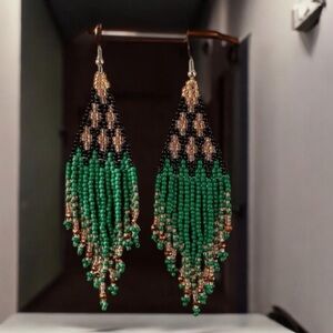 Geo Pattern Shimmering Green and Shimmering Gold beaded tassel earrings. New.